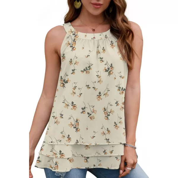 GRECERELLE Womens Halter Tops Casual Sleeveless Tank Tops Pleated Chiffon Vest Shirts Round Neckline Fashion Layered Blouse