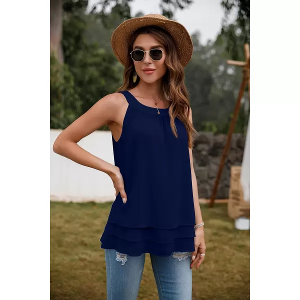 GRECERELLE Womens Halter Tops Casual Sleeveless Tank Tops Pleated Chiffon Vest Shirts Round Neckline Fashion Layered Blouse