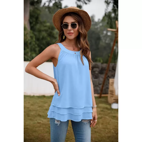 GRECERELLE Womens Halter Tops Casual Sleeveless Tank Tops Pleated Chiffon Vest Shirts Round Neckline Fashion Layered Blouse