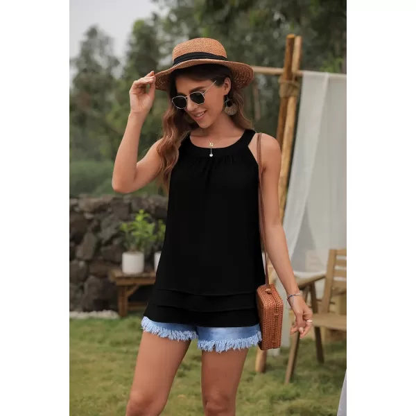 GRECERELLE Womens Halter Tops Casual Sleeveless Tank Tops Pleated Chiffon Vest Shirts Round Neckline Fashion Layered Blouse