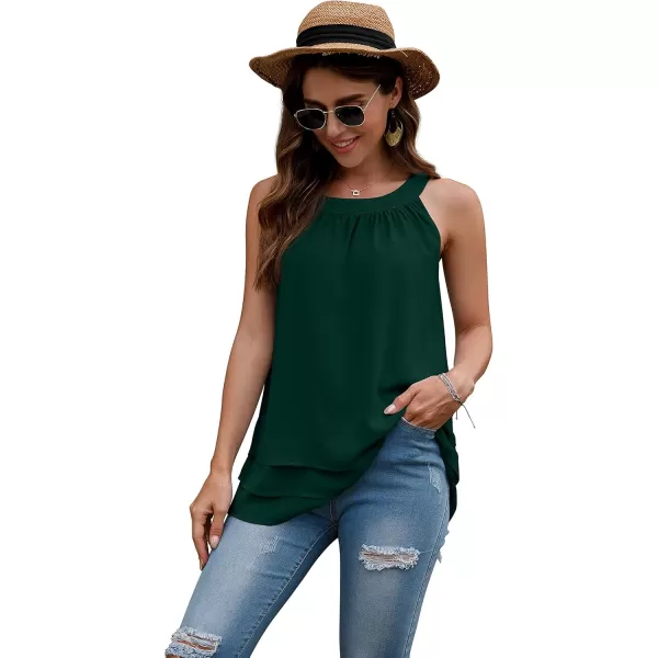 GRECERELLE Womens Halter Tops Casual Sleeveless Tank Tops Pleated Chiffon Vest Shirts Round Neckline Fashion Layered Blouse
