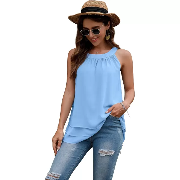 GRECERELLE Womens Halter Tops Casual Sleeveless Tank Tops Pleated Chiffon Vest Shirts Round Neckline Fashion Layered Blouse