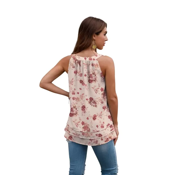 GRECERELLE Womens Halter Tops Casual Sleeveless Tank Tops Pleated Chiffon Vest Shirts Round Neckline Fashion Layered Blouse