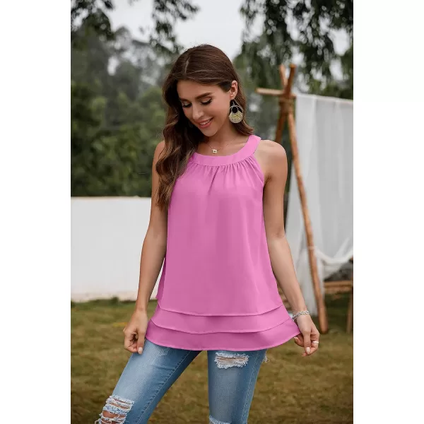 GRECERELLE Womens Halter Tops Casual Sleeveless Tank Tops Pleated Chiffon Vest Shirts Round Neckline Fashion Layered Blouse