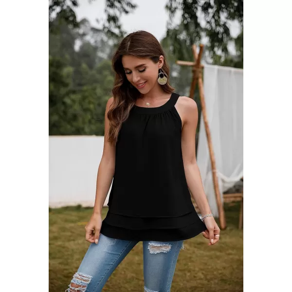 GRECERELLE Womens Halter Tops Casual Sleeveless Tank Tops Pleated Chiffon Vest Shirts Round Neckline Fashion Layered Blouse