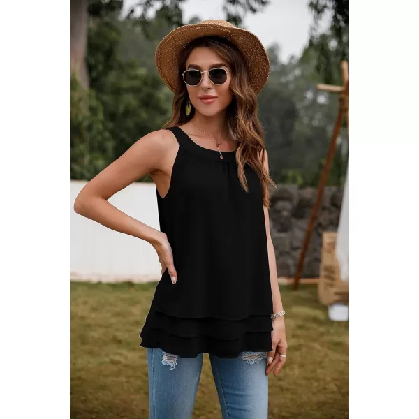 GRECERELLE Womens Halter Tops Casual Sleeveless Tank Tops Pleated Chiffon Vest Shirts Round Neckline Fashion Layered Blouse