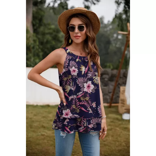 GRECERELLE Womens Halter Tops Casual Sleeveless Tank Tops Pleated Chiffon Vest Shirts Round Neckline Fashion Layered Blouse