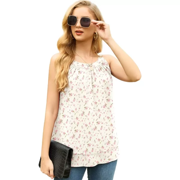 GRECERELLE Womens Halter Tops Casual Sleeveless Tank Tops Pleated Chiffon Vest Shirts Round Neckline Fashion Layered Blouse