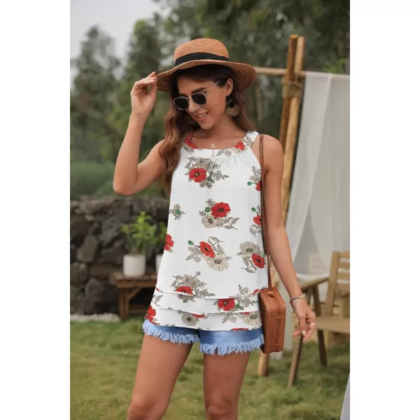 GRECERELLE Womens Halter Tops Casual Sleeveless Tank Tops Pleated Chiffon Vest Shirts Round Neckline Fashion Layered Blouse