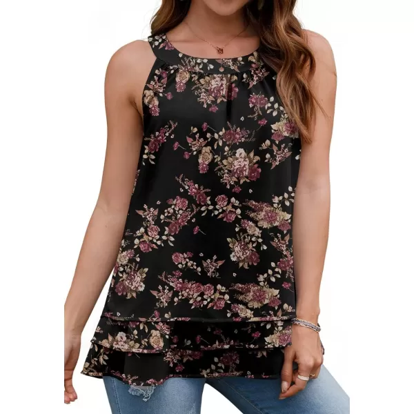 GRECERELLE Womens Halter Tops Casual Sleeveless Tank Tops Pleated Chiffon Vest Shirts Round Neckline Fashion Layered Blouse