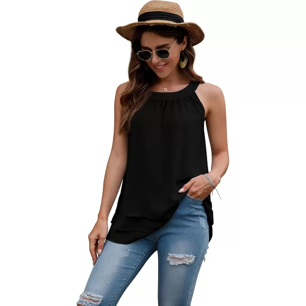 GRECERELLE Womens Halter Tops Casual Sleeveless Tank Tops Pleated Chiffon Vest Shirts Round Neckline Fashion Layered Blouse