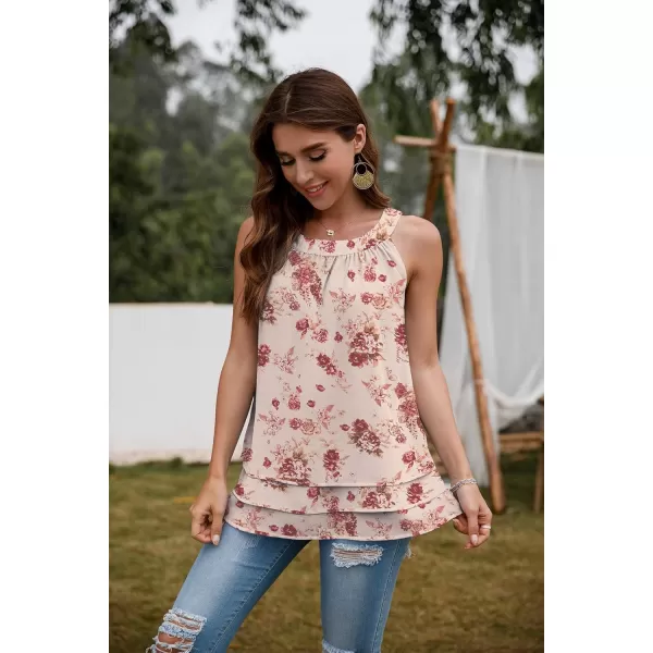 GRECERELLE Womens Halter Tops Casual Sleeveless Tank Tops Pleated Chiffon Vest Shirts Round Neckline Fashion Layered Blouse
