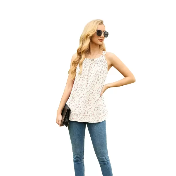 GRECERELLE Womens Halter Tops Casual Sleeveless Tank Tops Pleated Chiffon Vest Shirts Round Neckline Fashion Layered Blouse