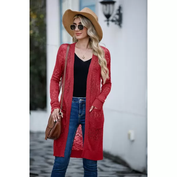 GRECERELLE Womens Lightweight Longer Length Cardigan Long Sleeve Casual Crochet Open-Front Sweater with Pockets