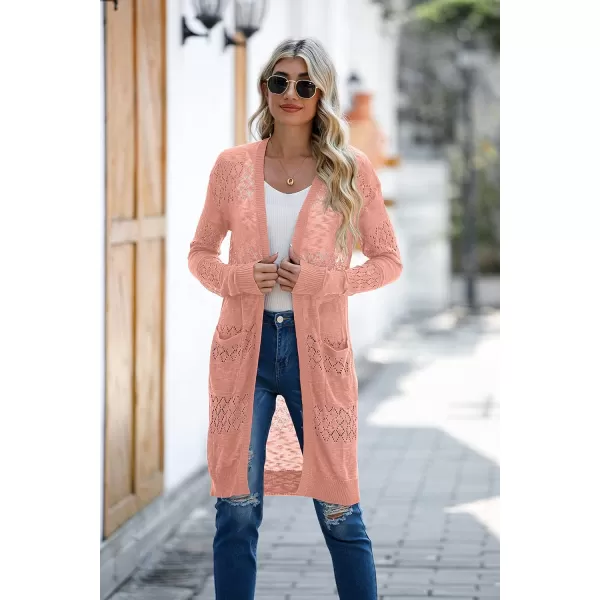 GRECERELLE Womens Lightweight Longer Length Cardigan Long Sleeve Casual Crochet Open-Front Sweater with Pockets