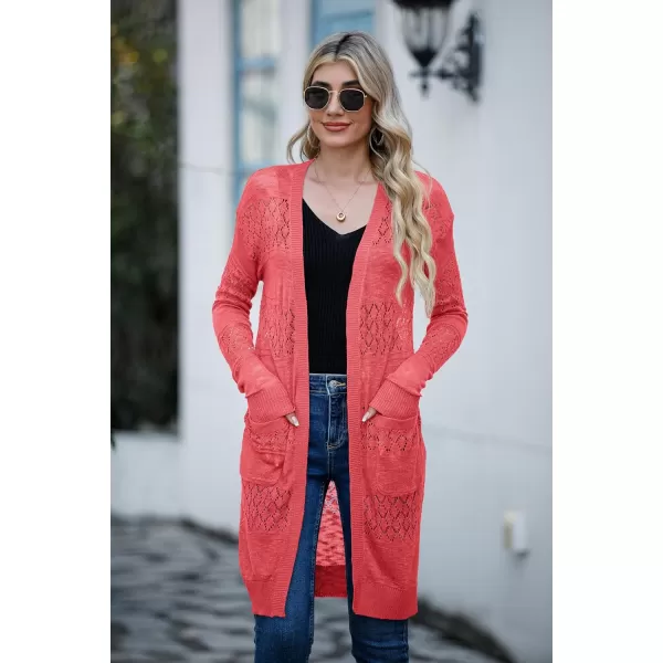 GRECERELLE Womens Lightweight Longer Length Cardigan Long Sleeve Casual Crochet Open-Front Sweater with Pockets