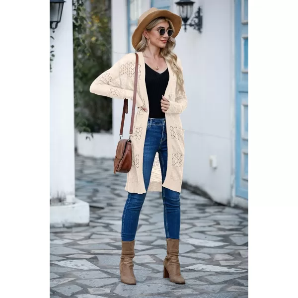 GRECERELLE Womens Lightweight Longer Length Cardigan Long Sleeve Casual Crochet Open-Front Sweater with Pockets