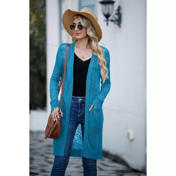 GRECERELLE Womens Lightweight Longer Length Cardigan Long Sleeve Casual Crochet Open-Front Sweater with Pockets