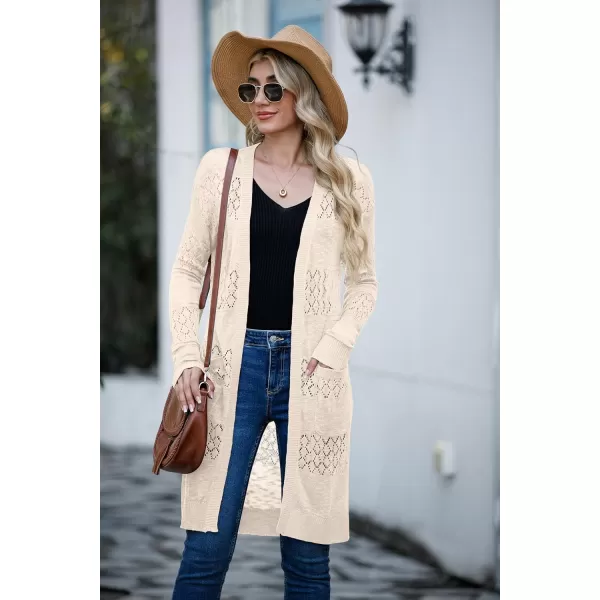 GRECERELLE Womens Lightweight Longer Length Cardigan Long Sleeve Casual Crochet Open-Front Sweater with Pockets
