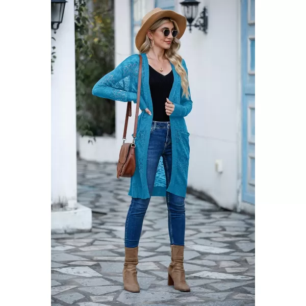 GRECERELLE Womens Lightweight Longer Length Cardigan Long Sleeve Casual Crochet Open-Front Sweater with Pockets