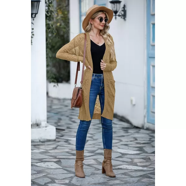 GRECERELLE Womens Lightweight Longer Length Cardigan Long Sleeve Casual Crochet Open-Front Sweater with Pockets