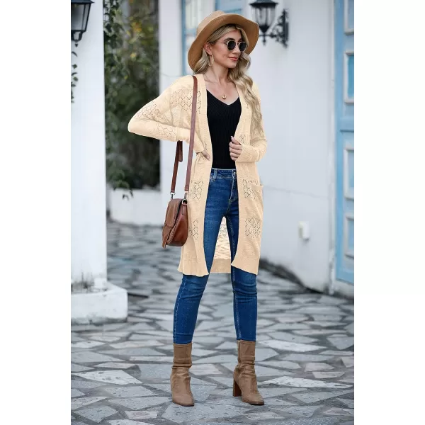 GRECERELLE Womens Lightweight Longer Length Cardigan Long Sleeve Casual Crochet Open-Front Sweater with Pockets