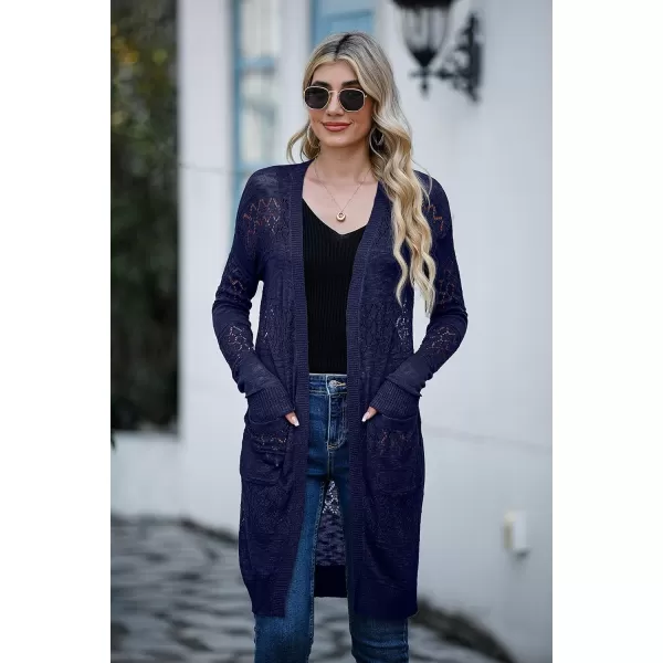 GRECERELLE Womens Lightweight Longer Length Cardigan Long Sleeve Casual Crochet Open-Front Sweater with Pockets