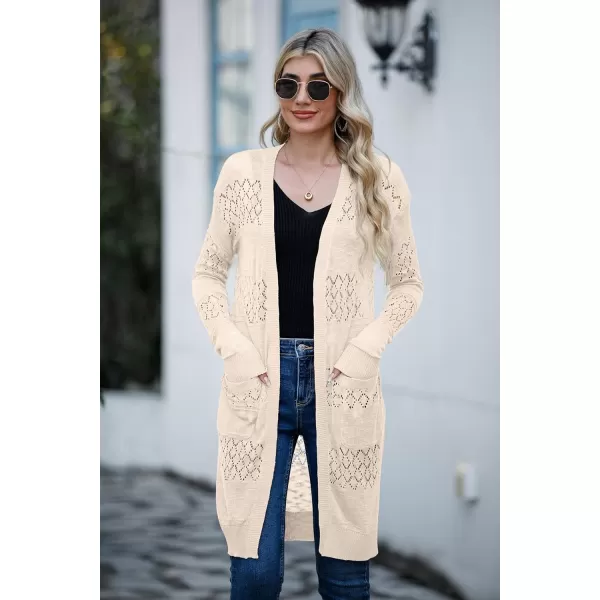 GRECERELLE Womens Lightweight Longer Length Cardigan Long Sleeve Casual Crochet Open-Front Sweater with Pockets