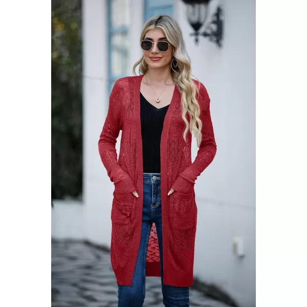 GRECERELLE Womens Lightweight Longer Length Cardigan Long Sleeve Casual Crochet Open-Front Sweater with Pockets
