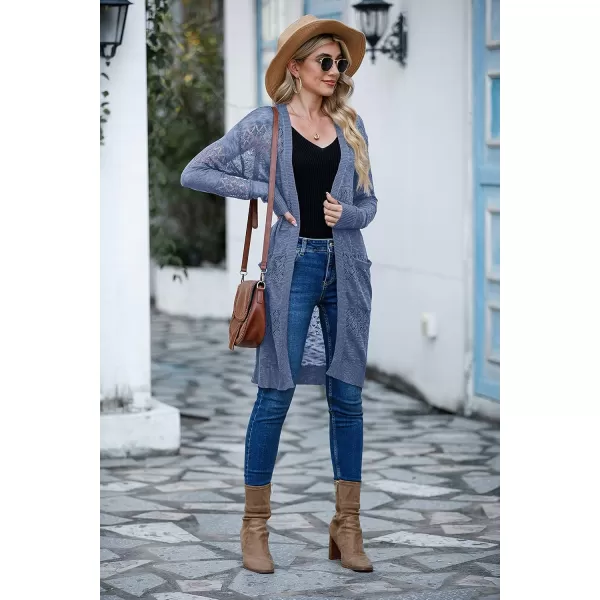 GRECERELLE Womens Lightweight Longer Length Cardigan Long Sleeve Casual Crochet Open-Front Sweater with Pockets