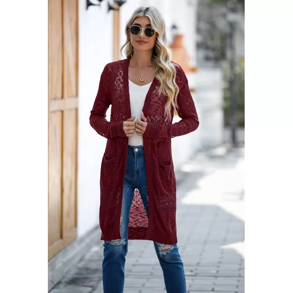 GRECERELLE Womens Lightweight Longer Length Cardigan Long Sleeve Casual Crochet Open-Front Sweater with Pockets