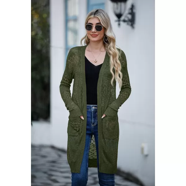 GRECERELLE Womens Lightweight Longer Length Cardigan Long Sleeve Casual Crochet Open-Front Sweater with Pockets