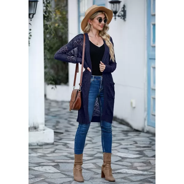 GRECERELLE Womens Lightweight Longer Length Cardigan Long Sleeve Casual Crochet Open-Front Sweater with Pockets