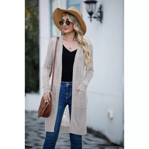 GRECERELLE Womens Lightweight Longer Length Cardigan Long Sleeve Casual Crochet Open-Front Sweater with Pockets