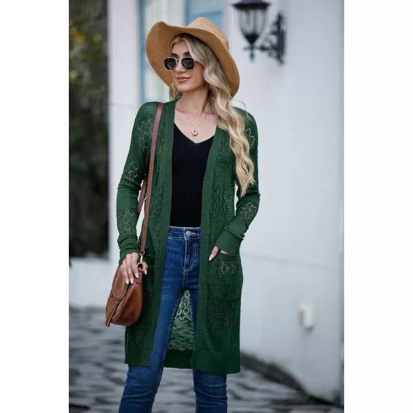 GRECERELLE Womens Lightweight Longer Length Cardigan Long Sleeve Casual Crochet Open-Front Sweater with Pockets