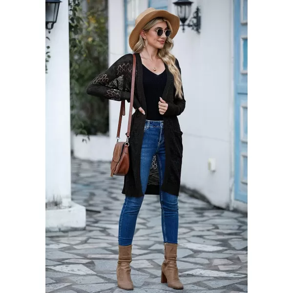 GRECERELLE Womens Lightweight Longer Length Cardigan Long Sleeve Casual Crochet Open-Front Sweater with Pockets