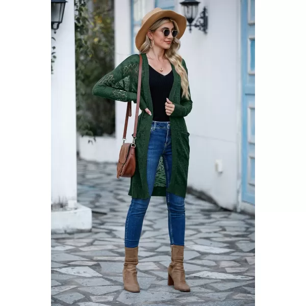 GRECERELLE Womens Lightweight Longer Length Cardigan Long Sleeve Casual Crochet Open-Front Sweater with Pockets