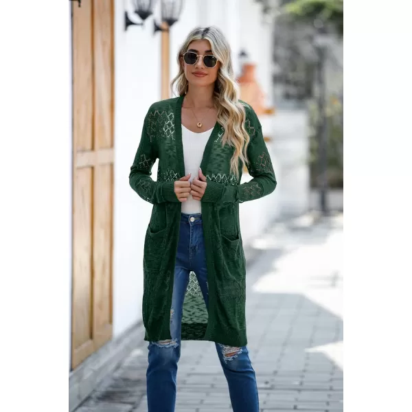 GRECERELLE Womens Lightweight Longer Length Cardigan Long Sleeve Casual Crochet Open-Front Sweater with Pockets