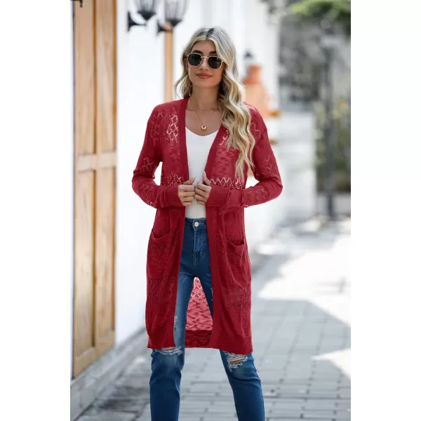 GRECERELLE Womens Lightweight Longer Length Cardigan Long Sleeve Casual Crochet Open-Front Sweater with Pockets