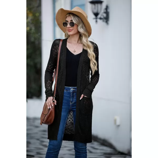 GRECERELLE Womens Lightweight Longer Length Cardigan Long Sleeve Casual Crochet Open-Front Sweater with Pockets