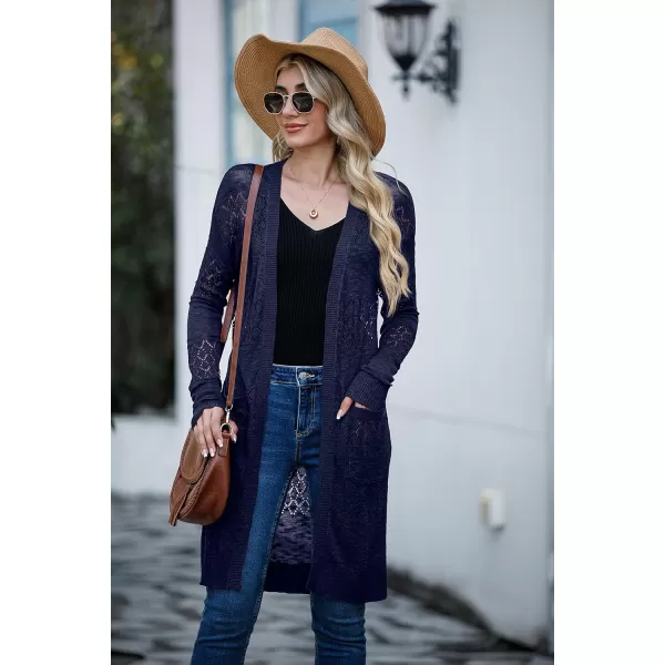 GRECERELLE Womens Lightweight Longer Length Cardigan Long Sleeve Casual Crochet Open-Front Sweater with Pockets