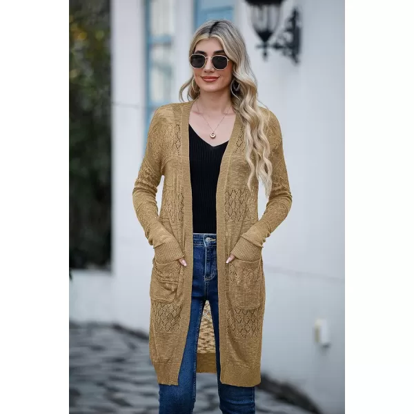 GRECERELLE Womens Lightweight Longer Length Cardigan Long Sleeve Casual Crochet Open-Front Sweater with Pockets