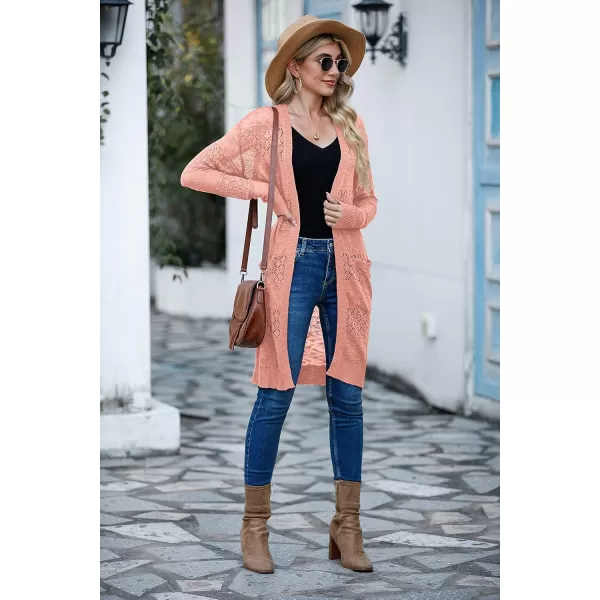 GRECERELLE Womens Lightweight Longer Length Cardigan Long Sleeve Casual Crochet Open-Front Sweater with Pockets