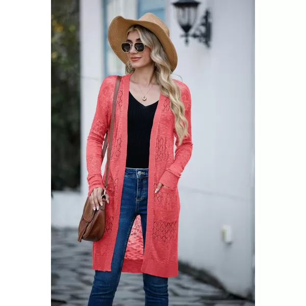 GRECERELLE Womens Lightweight Longer Length Cardigan Long Sleeve Casual Crochet Open-Front Sweater with Pockets