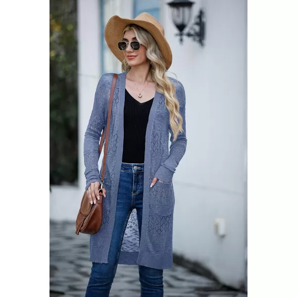 GRECERELLE Womens Lightweight Longer Length Cardigan Long Sleeve Casual Crochet Open-Front Sweater with Pockets
