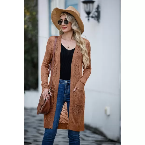 GRECERELLE Womens Lightweight Longer Length Cardigan Long Sleeve Casual Crochet Open-Front Sweater with Pockets