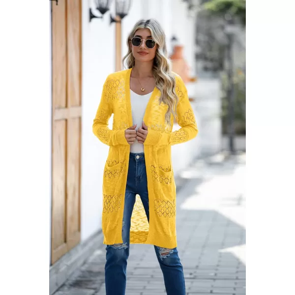 GRECERELLE Womens Lightweight Longer Length Cardigan Long Sleeve Casual Crochet Open-Front Sweater with Pockets