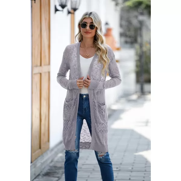 GRECERELLE Womens Lightweight Longer Length Cardigan Long Sleeve Casual Crochet Open-Front Sweater with Pockets