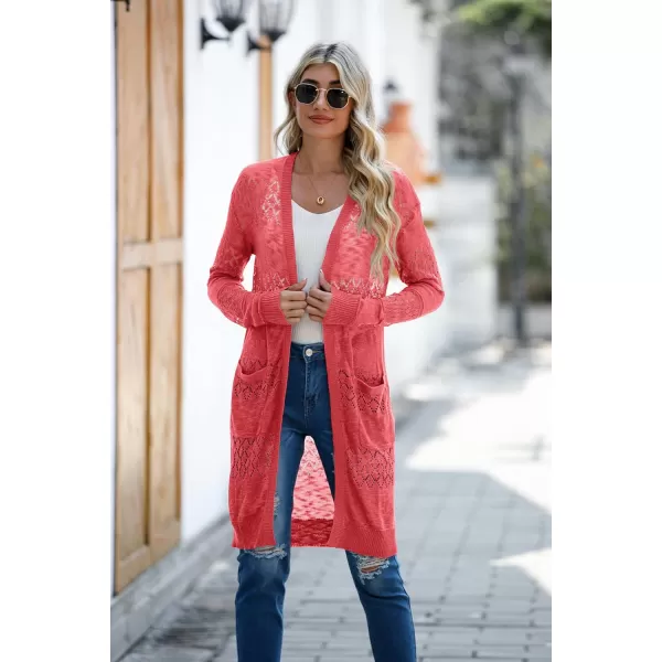 GRECERELLE Womens Lightweight Longer Length Cardigan Long Sleeve Casual Crochet Open-Front Sweater with Pockets
