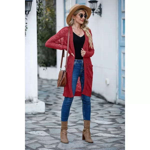GRECERELLE Womens Lightweight Longer Length Cardigan Long Sleeve Casual Crochet Open-Front Sweater with Pockets